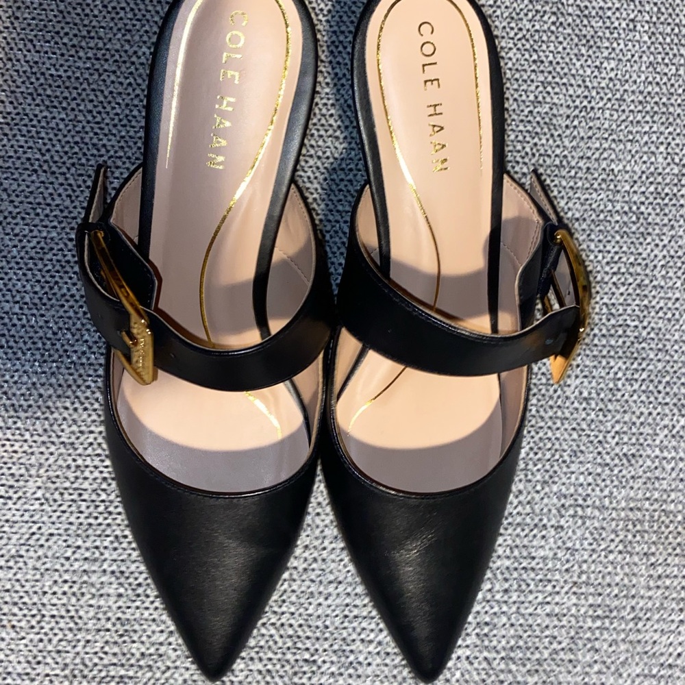 (NWOT)COLE HAAN-Kitten Heel Mules with Gold Buckle - Picture 11 of 16